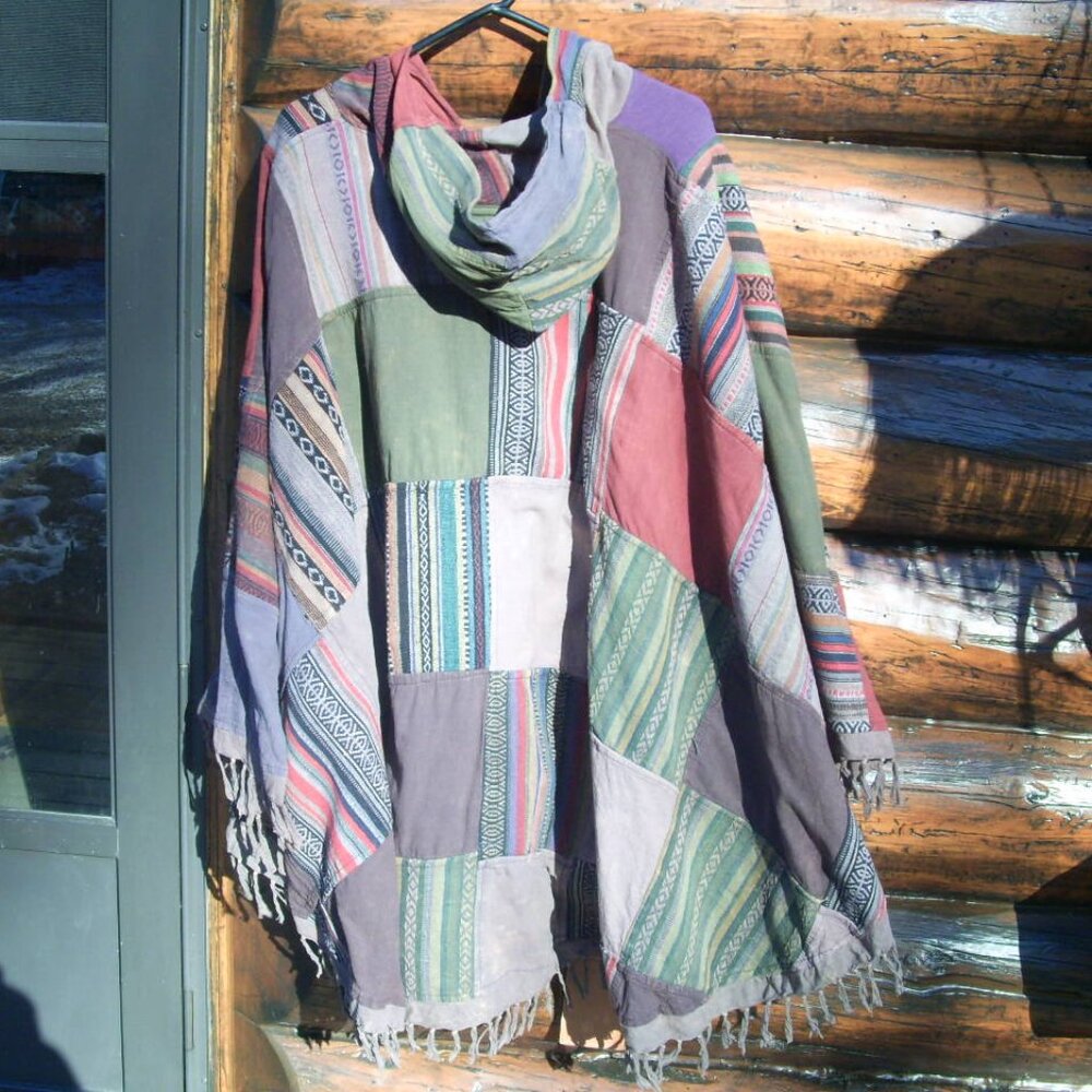 NWOT Jayli Hippie Cotton Stone Washed Patchwork Unisex Fringe Hoodie Poncho OS - Picture 2 of 3